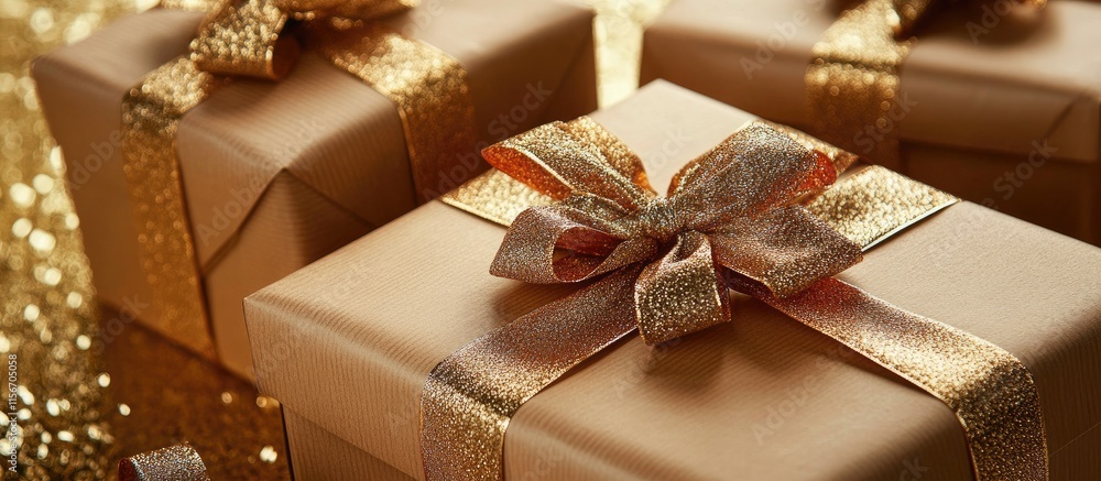 Poster elegant gift boxes wrapped in brown paper and golden ribbon with a sparkling backdrop and ample spac