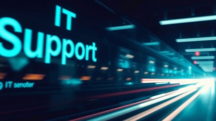 A long exposure photograph of an IT support customer service concept, capturing motion or light trails with soft focus and a hazy background, cinematic and dreamlike