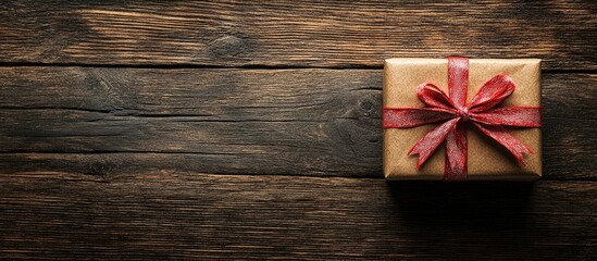 Gift Box on Wooden Table with Empty Space for Custom Text Ideal for Holiday Birthday or Celebration Promotions
