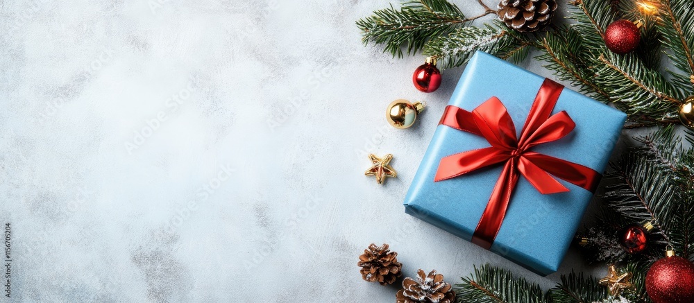 Poster christmas gift box in blue paper adorned with decorations and fir branches on a soft grey background