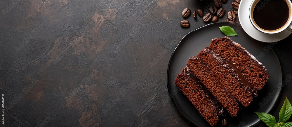 Aufkleber fresh cocoa pound cake slices with coffee on a dark stone background and ample space for text decora