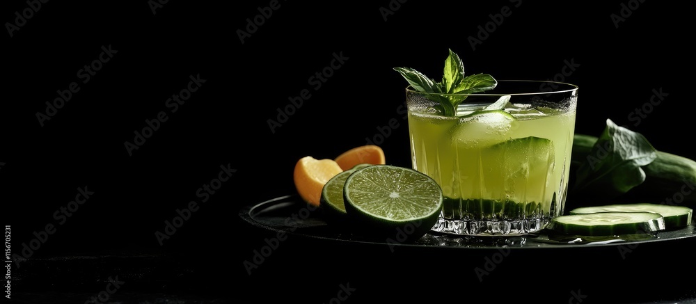 Poster refreshing gin and tonic cocktail with cucumber and lime on a dark background ideal for text overlay