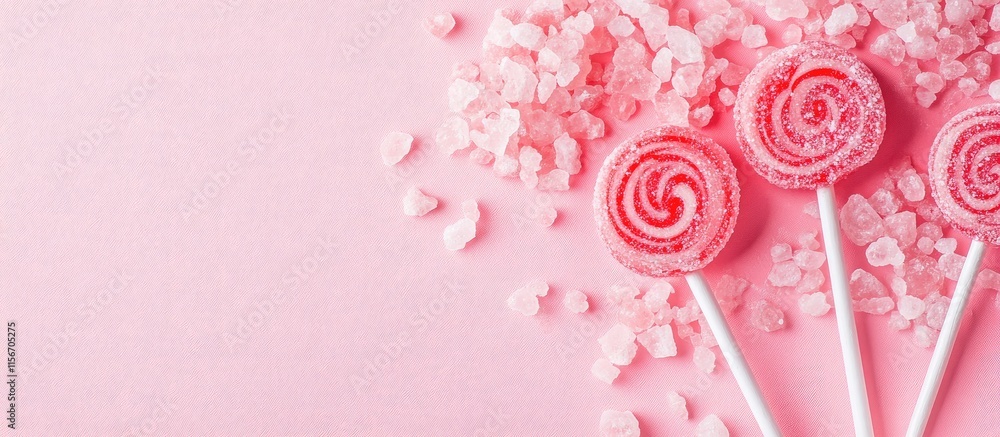 Poster sweet pink lollipops and sea salt arranged on a pastel background with ample empty space for inserti