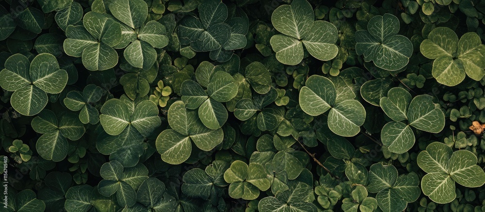 Poster lush green clover leaves with intricate patterns ideal for nature themes and promotional text applic