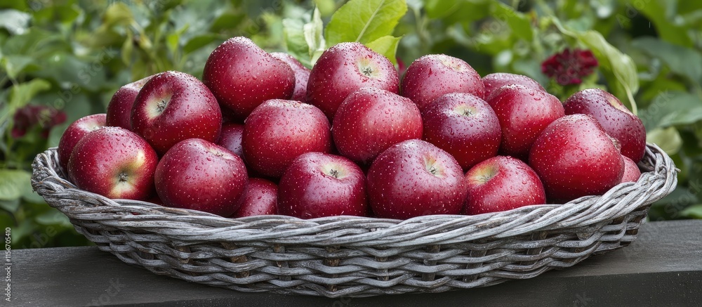Poster freshly harvested red apples in a wicker basket surrounded by lush garden greenery with ample empty 