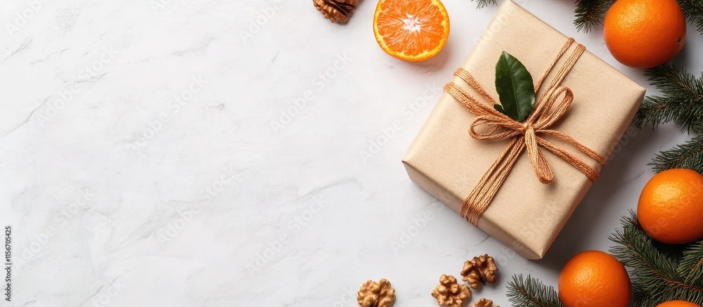 Poster festive gift set with tangerines and nuts surrounded by greenery and empty space for custom text or 