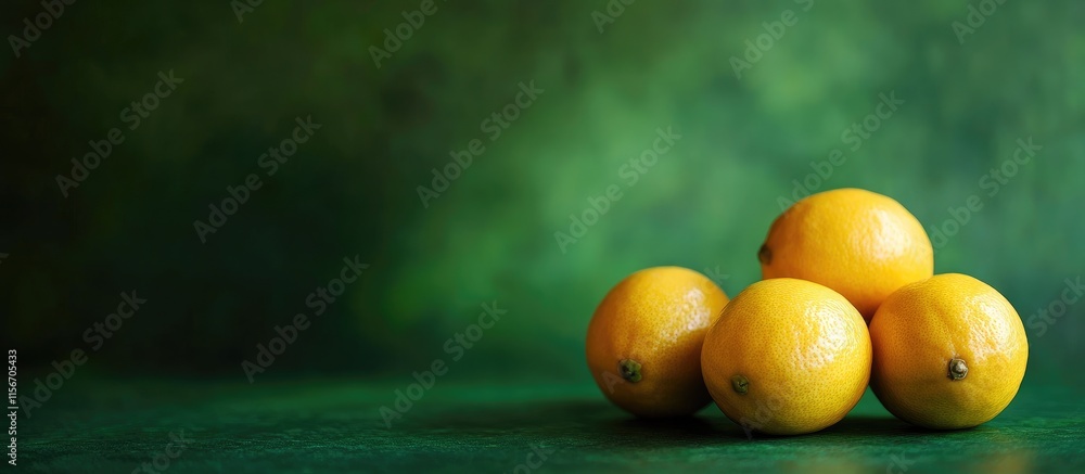 Poster fresh lemons on a vibrant green backdrop with ample empty space for text or creative design elements
