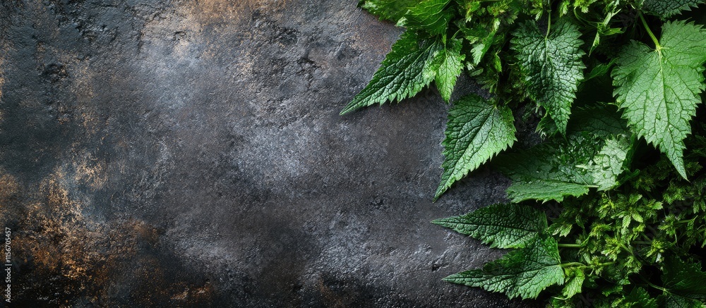 Poster freshly harvested nettles on a dark background with empty space for text ideal for culinary or herba