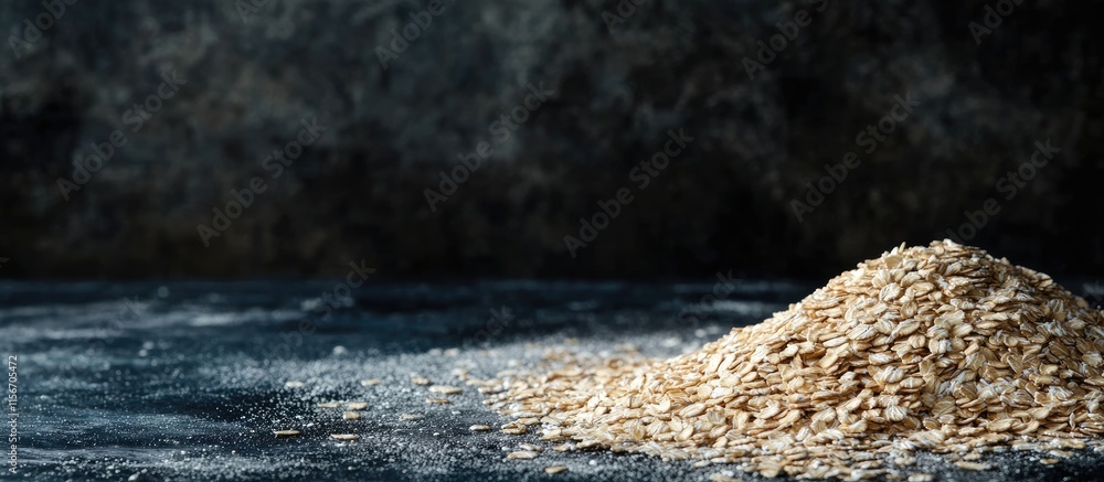 Poster Fresh organic oats arranged artfully against a dark textured background with ample negative space for text or branding elements.
