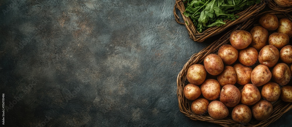 Poster freshly harvested vegetables arranged in baskets on a rustic table with ample copy space for text an