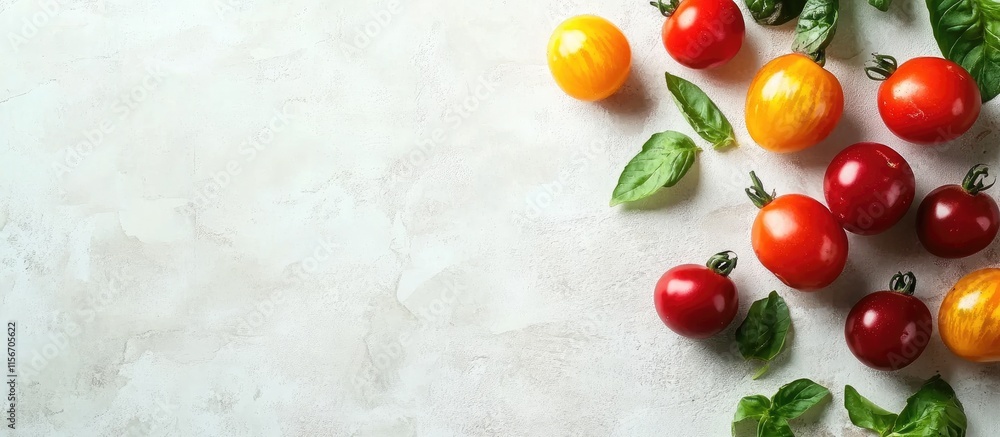 Poster colorful cherry tomatoes and basil leaves arranged on a textured surface with ample blank space for 