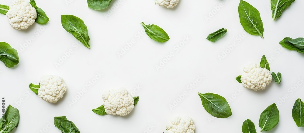 Aufkleber fresh cauliflower florets and green leaves arranged on a white background with ample space for text 