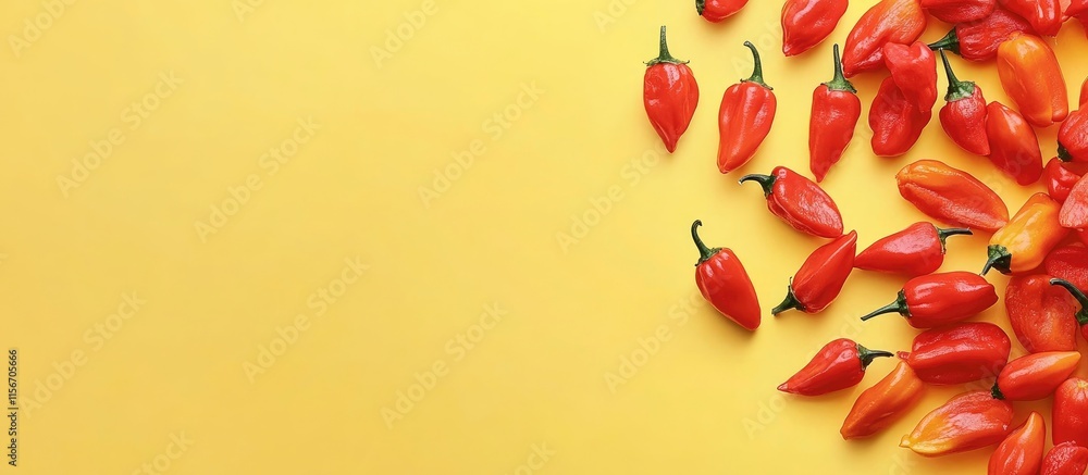 Poster vibrant red capsicums arranged on a bright yellow background with ample space for text and design el