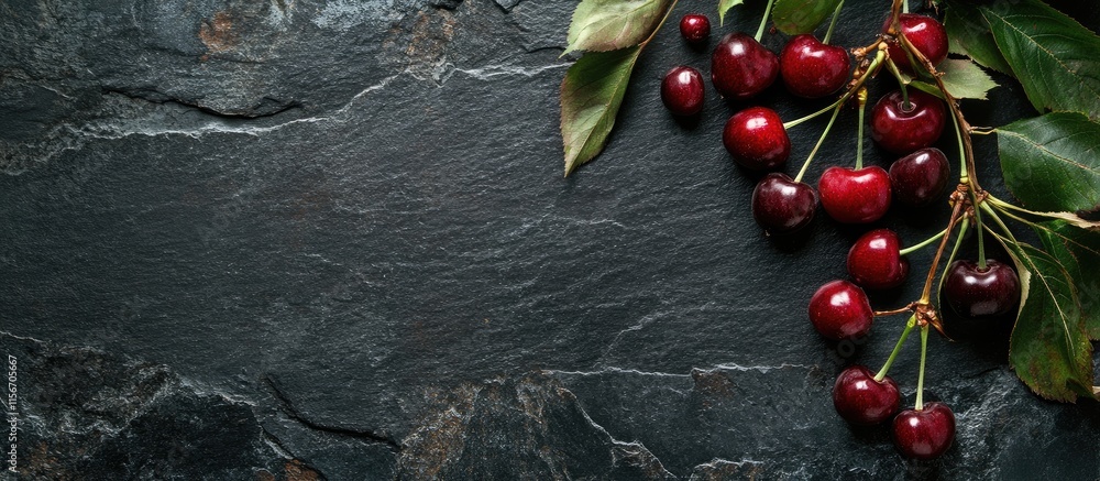 Poster ripe cherries on a branch showcased against a dark slate background with ample space for text or gra