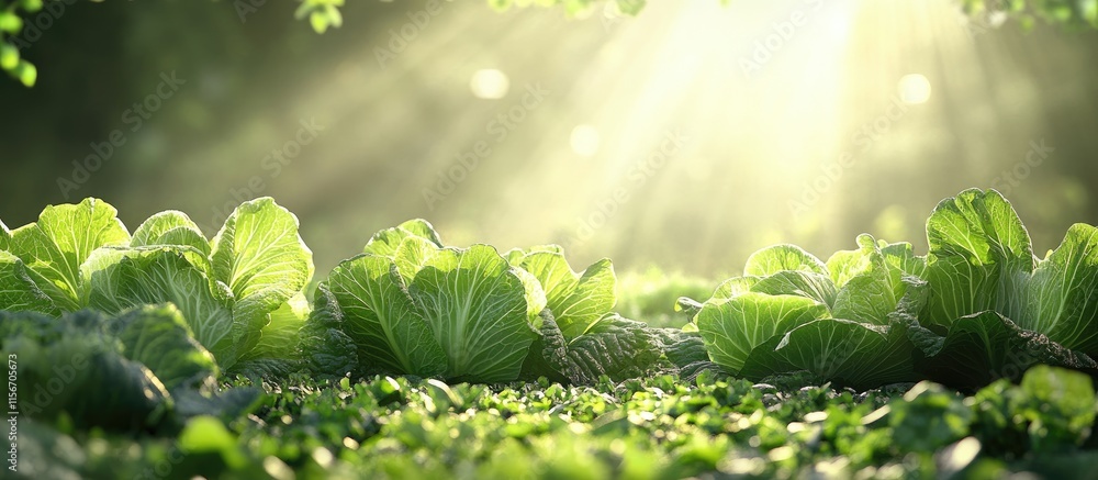 Poster sunlit green cabbages growing in a field with natural light creating a serene and inviting atmospher