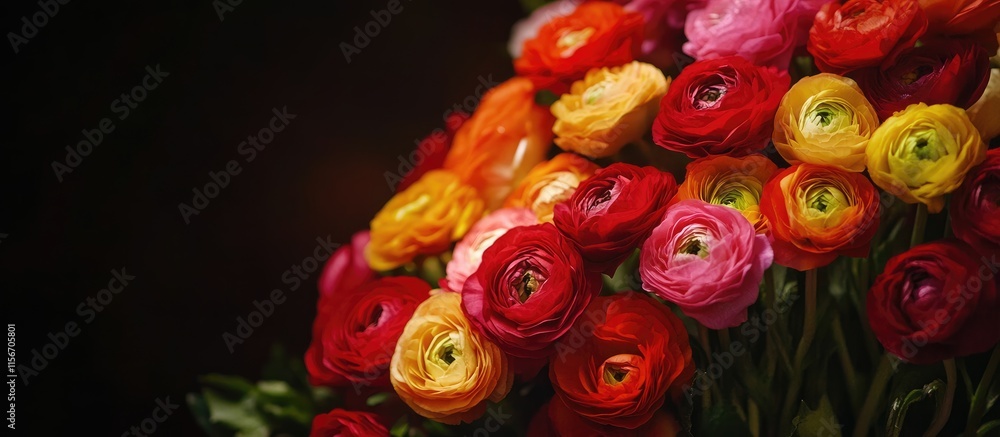 Poster vibrant ranunculus flower bouquet with colorful blooms and space for personalized text or message in