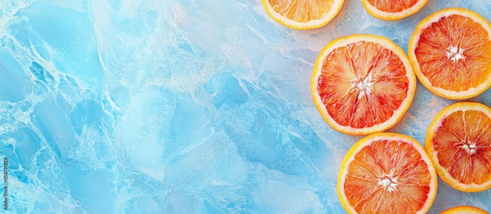 Poster blood orange slices arranged on blue marble background with ample empty space ideal for text or desi