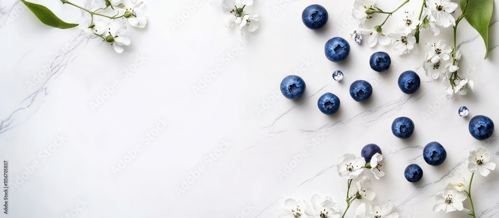 Poster fresh blueberries and flowers on marble background with blank space for text in summer setting