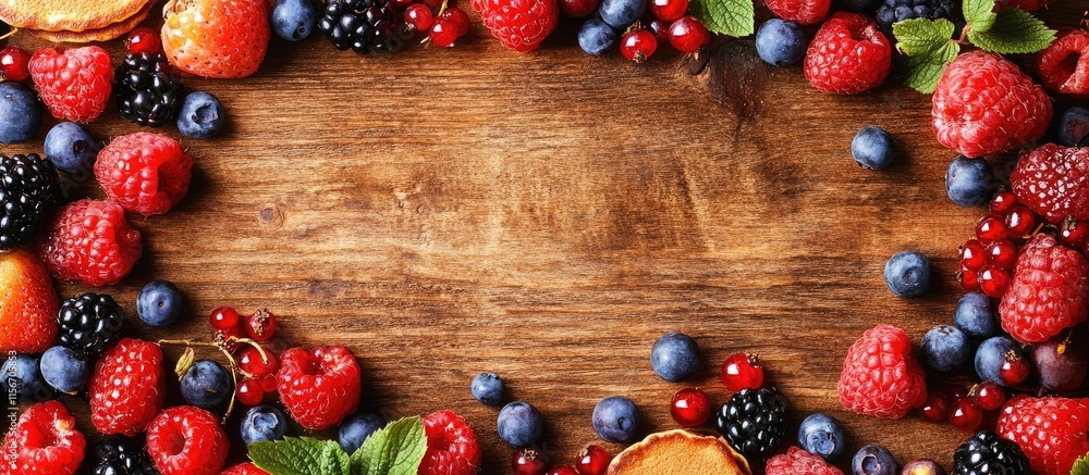 Aufkleber berries and pancakes arranged on a rustic wooden background with ample empty space for creative text