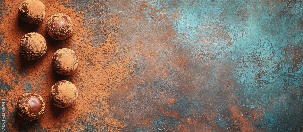 Poster chocolate truffle candies coated in cacao powder on rustic textured background with empty space for 