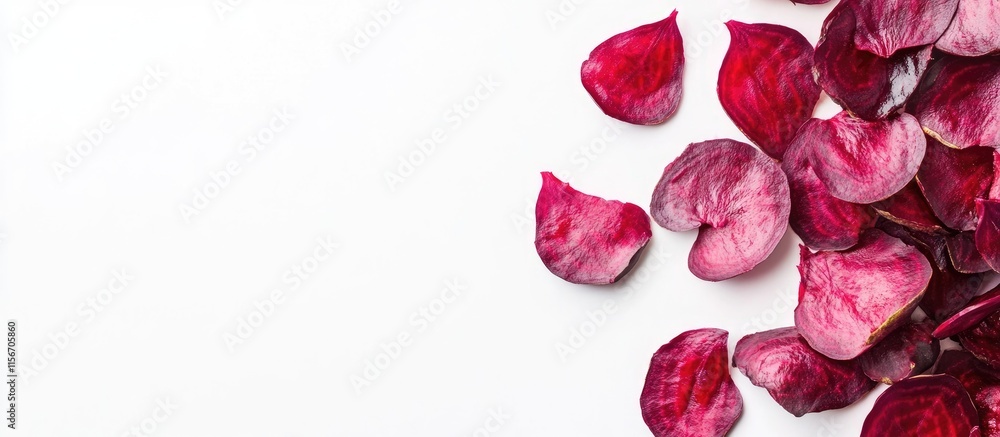 Poster beetroot slices arranged artistically on a clean white background with ample space for text and prom