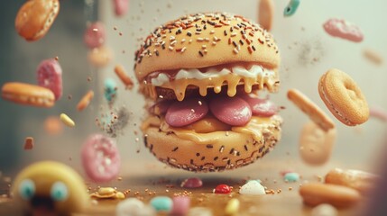 Obraz premium Binge eating disorder concept with woman eating fast food burger, fired chicken , donuts and desserts