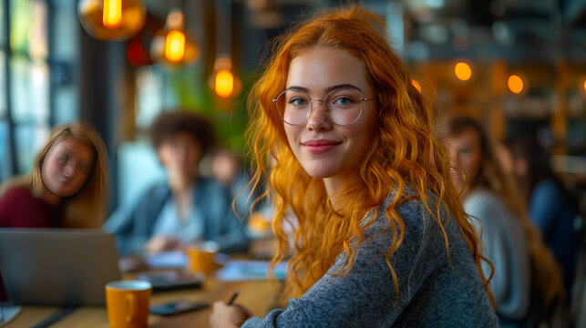 Young professionals brainstorming around a modern, well-lit office table, creating an innovative and cooperative work environment.