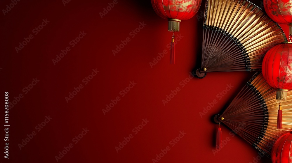 Poster elegant chinese fan design and glowing luminous lanterns set against a smooth atmospheric backdrop c