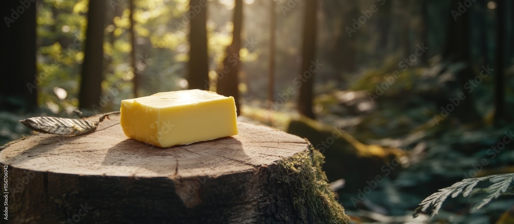 Aufkleber butter on tree stump in lush forest with natural light and space for text highlighting rustic culina