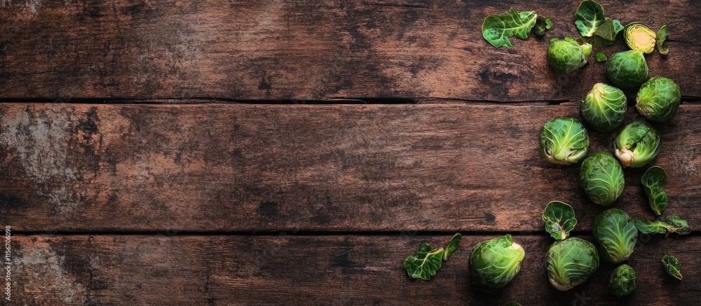Poster brussels sprouts on rustic wooden table creating a natural and organic background with ample space f