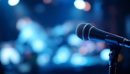 Obraz premium Microphone on stage, surrounded by an audience in the background at a professional conference