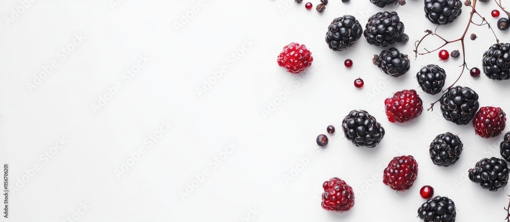 Poster fresh blackberries and raspberries on white background with negative space for creative text and des