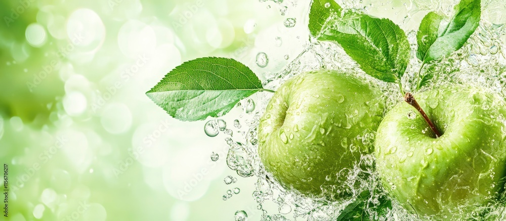 Poster fresh green apples with leaves splashing into drink creating bubbles and vibrant background for empt