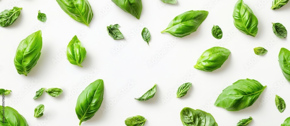 Poster assorted fresh basil leaves on white background ideal for culinary or gardening themes with space fo