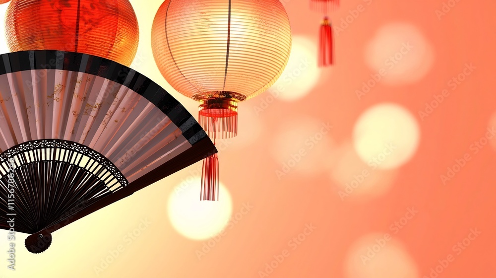 Poster elegant 3d of glowing chinese lanterns and decorative fan with smooth backdrop and open text placeho