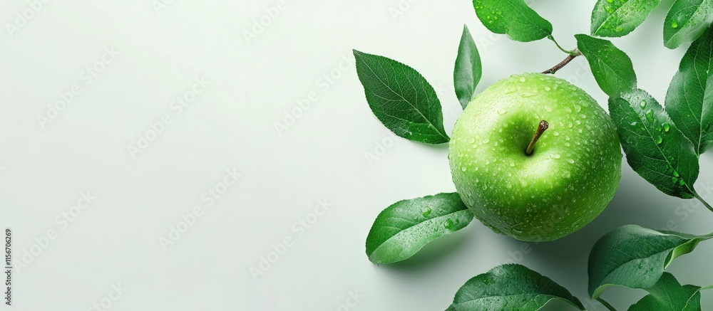 Aufkleber fresh green apple surrounded by vibrant leaves on a soft background ideal for text overlay and desig