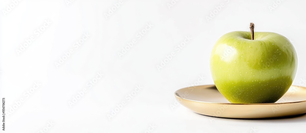 Poster green apple on golden plate with white background and empty space for text creating a fresh and mini