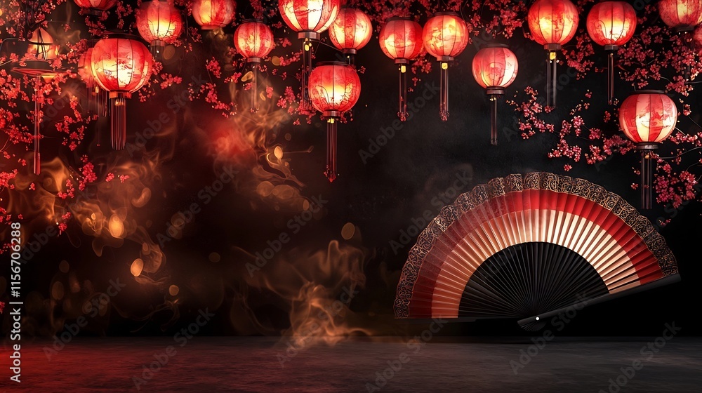 Aufkleber elegant chinese fans and glowing lanterns with a smooth open backdrop for a 3d digital or scene this