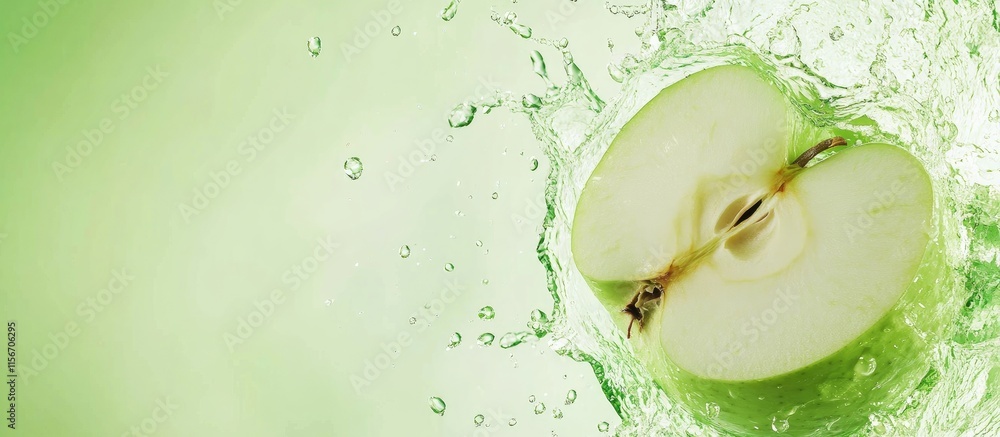Poster fresh green apple slice creating a splash in water on a vibrant green backdrop with ample empty spac