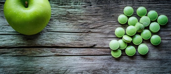 Green apple vitamin chews scattered on rustic wooden surface with fresh apple and ample copy space for health and wellness promotions