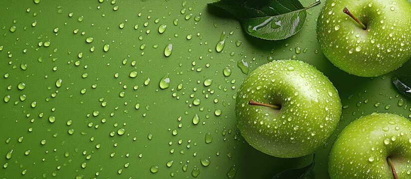 Fresh green apples adorned with water droplets on a vibrant green background featuring ample copy space for text or marketing use - Powered by Adobe
