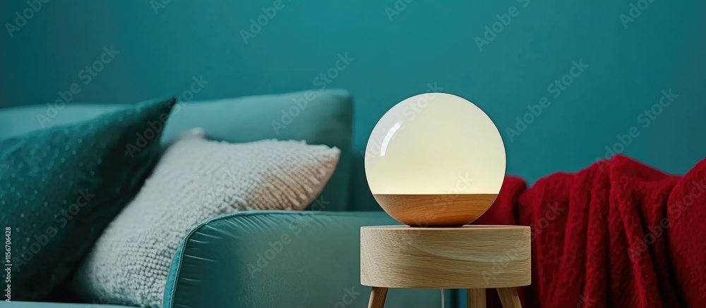 Poster modern green and white lamp with wooden base on blue sofa featuring red blanket and ample empty copy