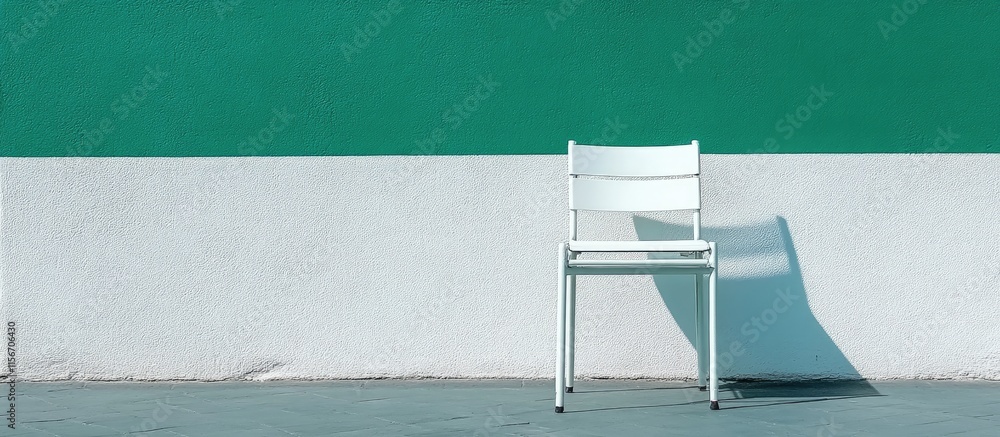 Poster retro style empty wall with green and white colors featuring a single chair and ample copy space for