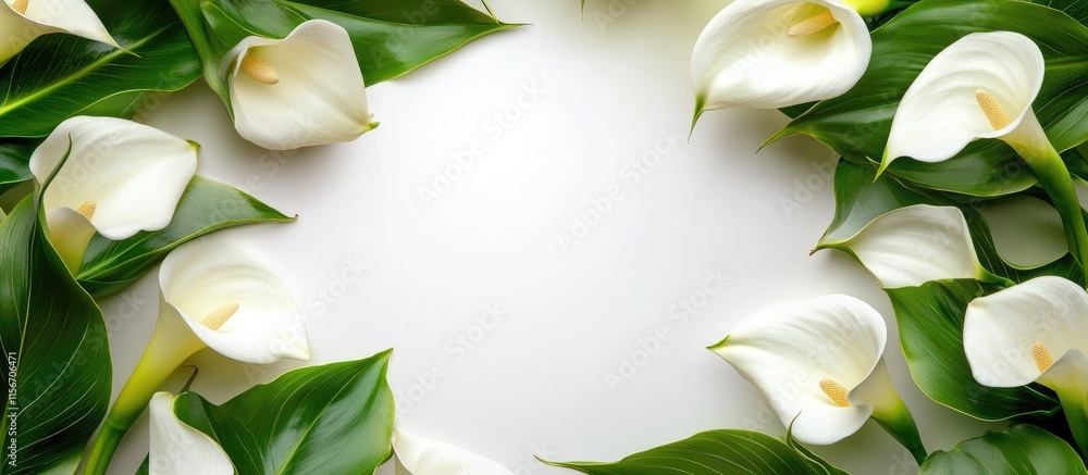 Poster elegant calla lily floral border with lush green leaves and ample white space for customizable text 