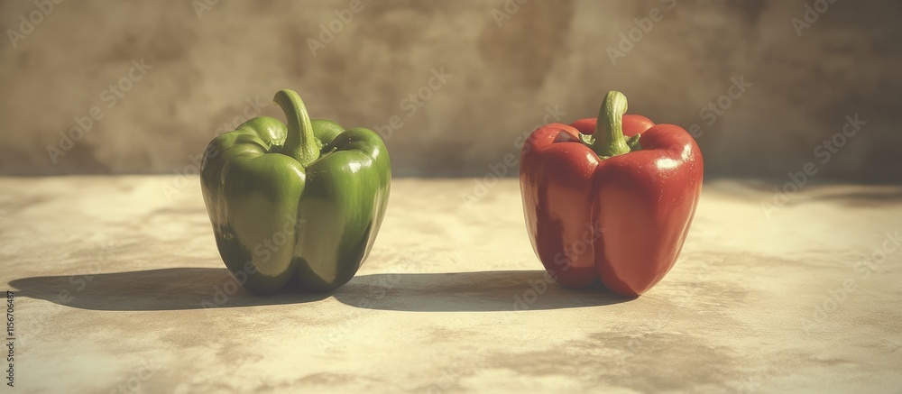 Aufkleber vintage sepia tone image of green and red bell peppers with ample empty space for text and design el