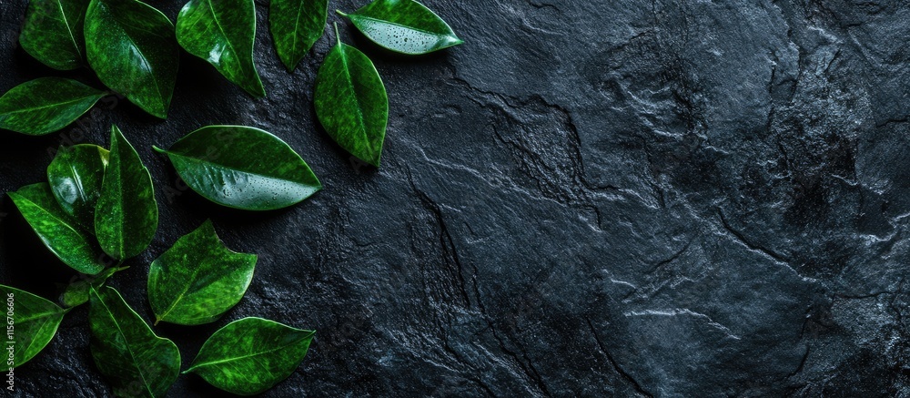 Poster textured green and black background with glossy foliage creating an elegant space for text and brand