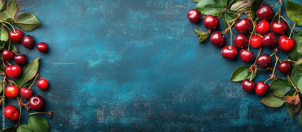 Poster fresh cherries arranged on a vintage blue table with lush green leaves creating an inviting empty sp