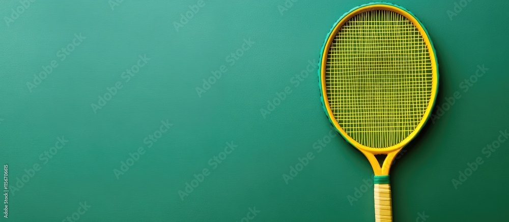 Poster vibrant green and yellow tennis racket on minimalist background with copy space for text and graphic