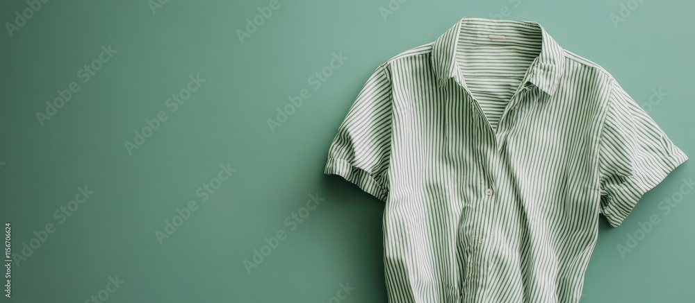 Poster cotton blouse in green and white stripes with front view and empty copy space for text on soft green