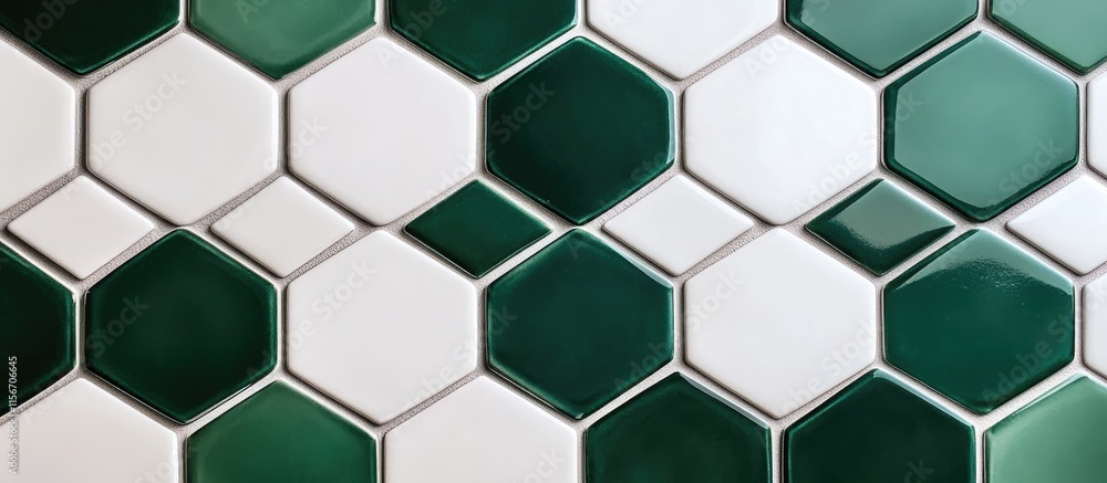 Poster hexagonal green and white polished tiles with blank space for text or design elements